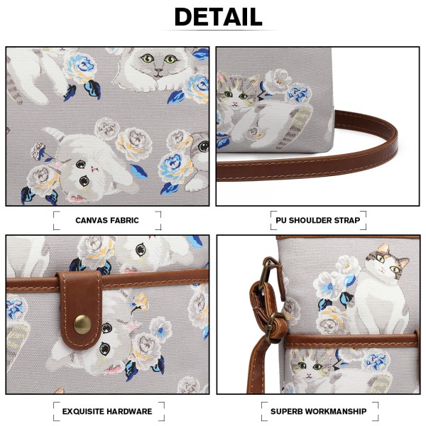 E6838-17CT - Miss Lulu Cat Print Nylon Pouch Cross Body Bag - Grey E6838-17CT - Miss Lulu Cat Print Nylon Pouch Cross Body Bag - Grey